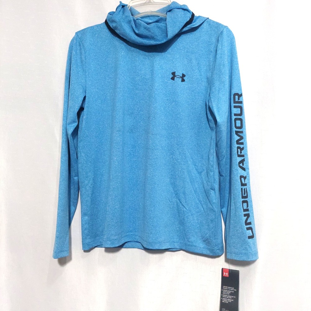 Under Armour Youth Large Blue Funnel Neck Hoodie Pullover Shirt Stretch Logo NEW